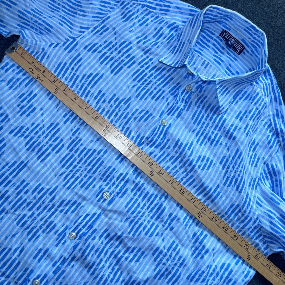Vilebrequin Button Down Mens XL Blue Excellent Linen Striped Floral Long Sleeve - Picture 10 of 11